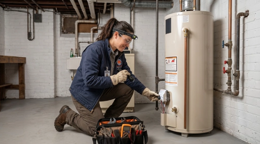 water heater repair Queens Village Queens technician servicing water heater tank